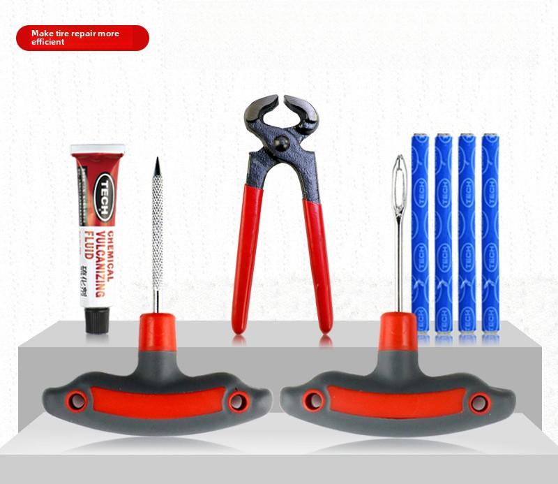 Car Motorcycle Electric Scooter Tubeless Tire Repair Kit with Vulcanizing Strips and Patching Tools