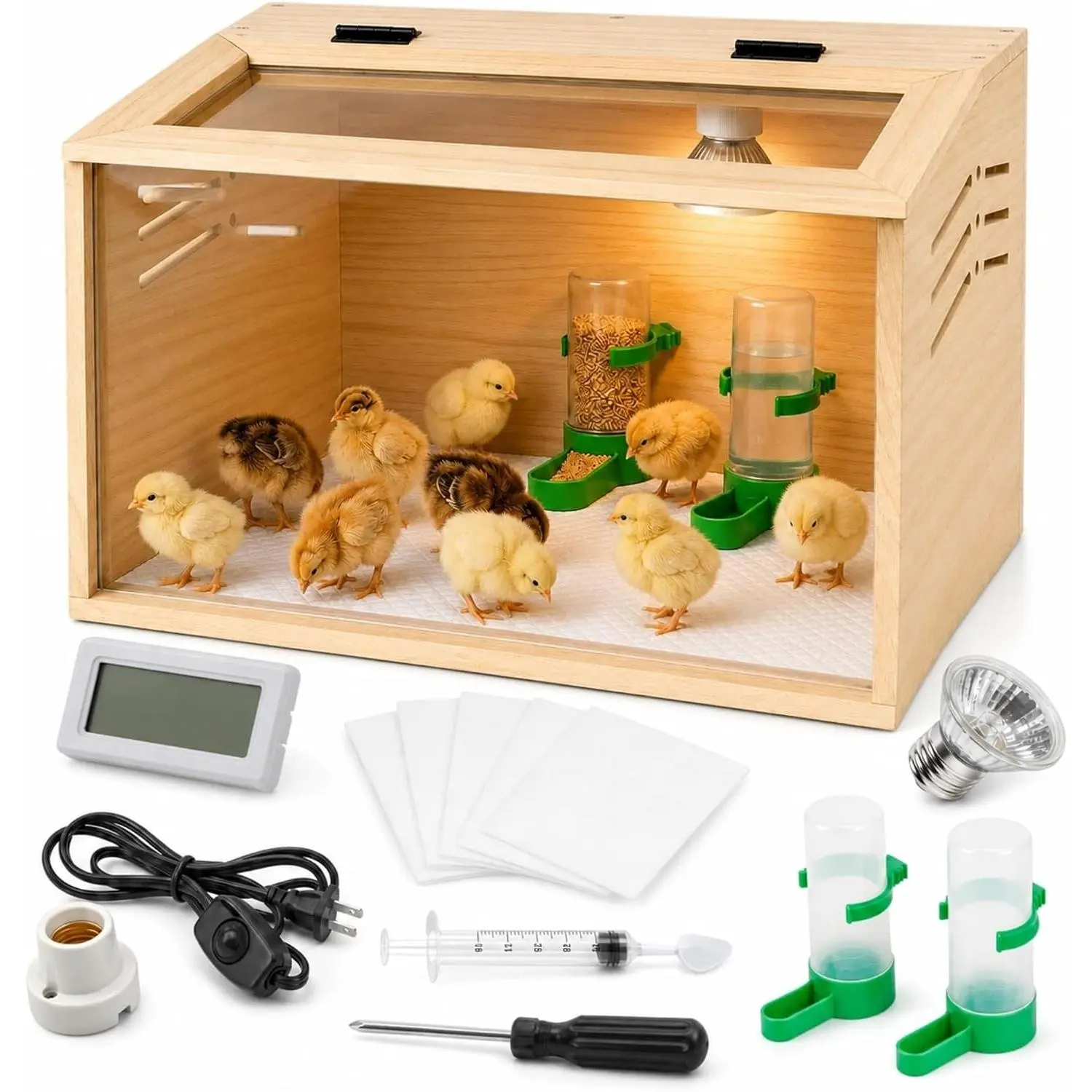 Wooden Chick Brooder Box with 50W Heat Lamp, 15.7 x 12 x 12 Inches