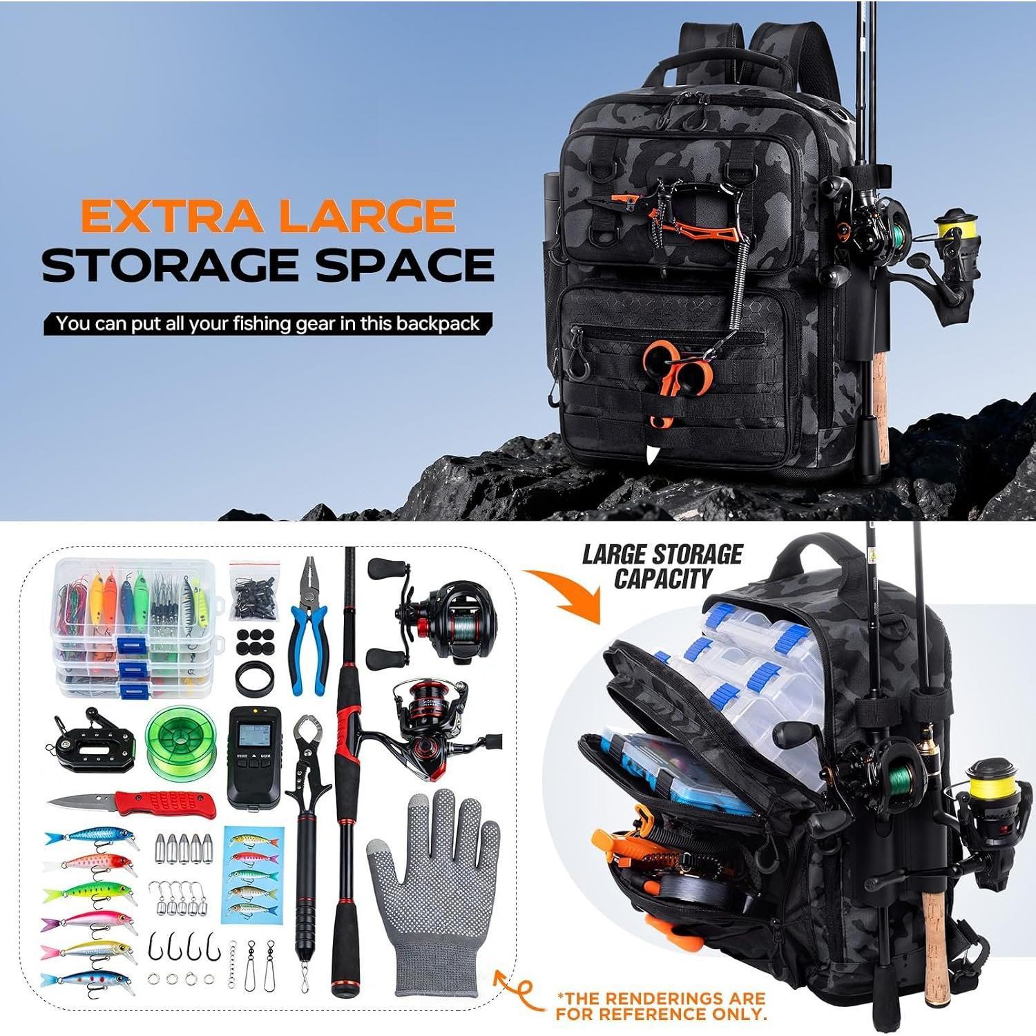 Fishing Backpack with Tackle Boxes and Rod Holders, Fishing Bag with Fishing Lure Kit Water-resistant Sling Tackle Bag Store Gear and Equipment,  Gifts for Men Woman Anglers-Camo Backpack