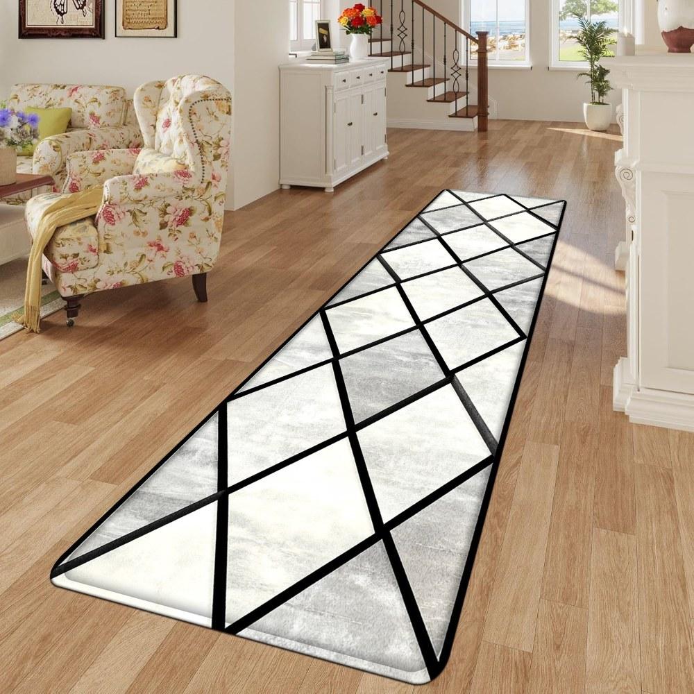 1PC， Black and White Diamond Geometric Pattern strip rugs, home décor, bathroom mats, entryway mats, bathroom non-slip mats, indoor entrance rugs, bedroom bedside mats, kitchen mats, hallway rugs, flannel sponge rugs, hallway runner rugs