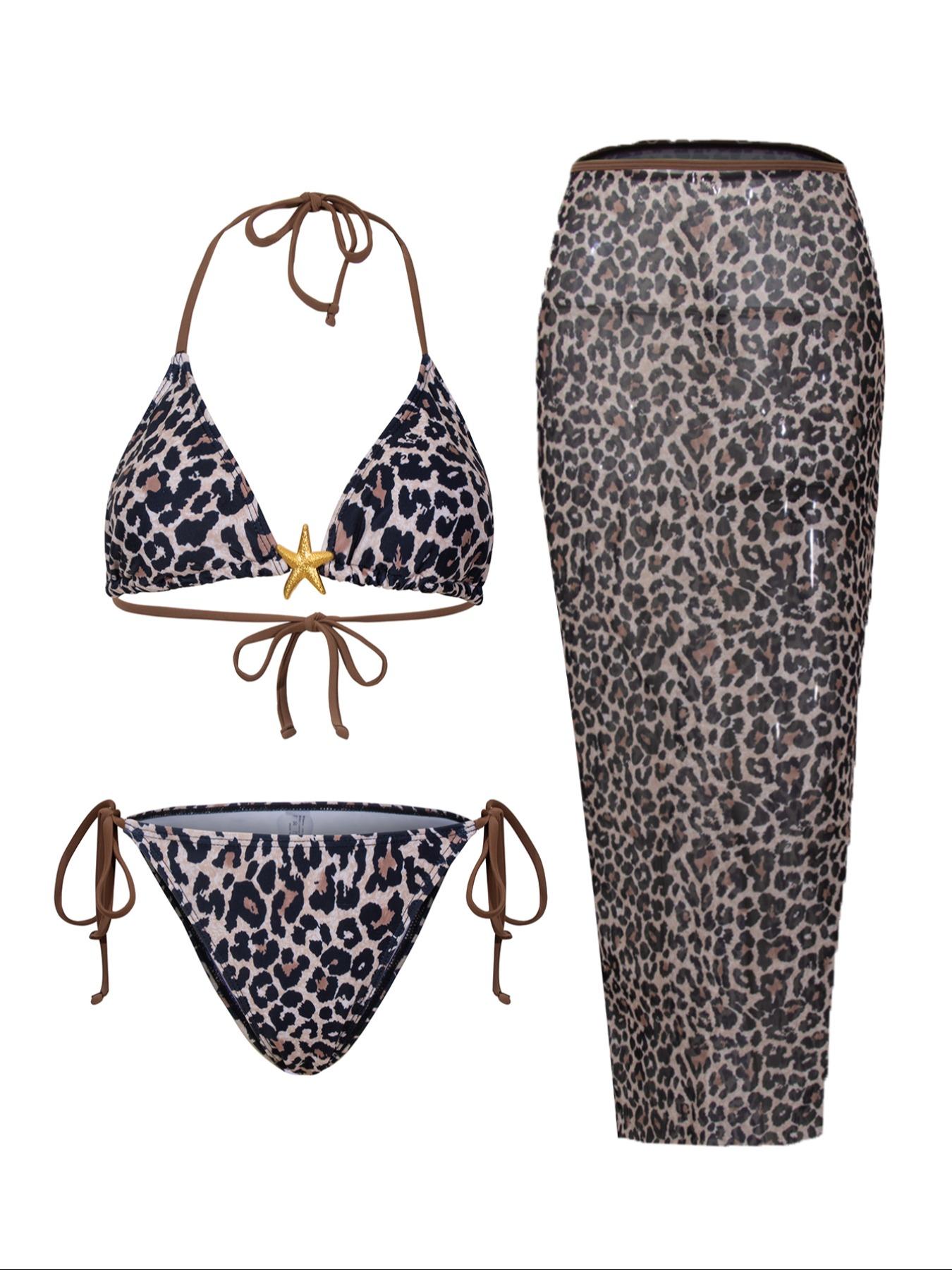 Women's Floral Print Halter Bikini Set, Casual Tie Back Contrast Mesh Swim Top & Tie Side Swim Bottom & Cover Up Skirt Set, Ladies Swimsuit for Beach Holiday Vacation, Floral Print Bikinis