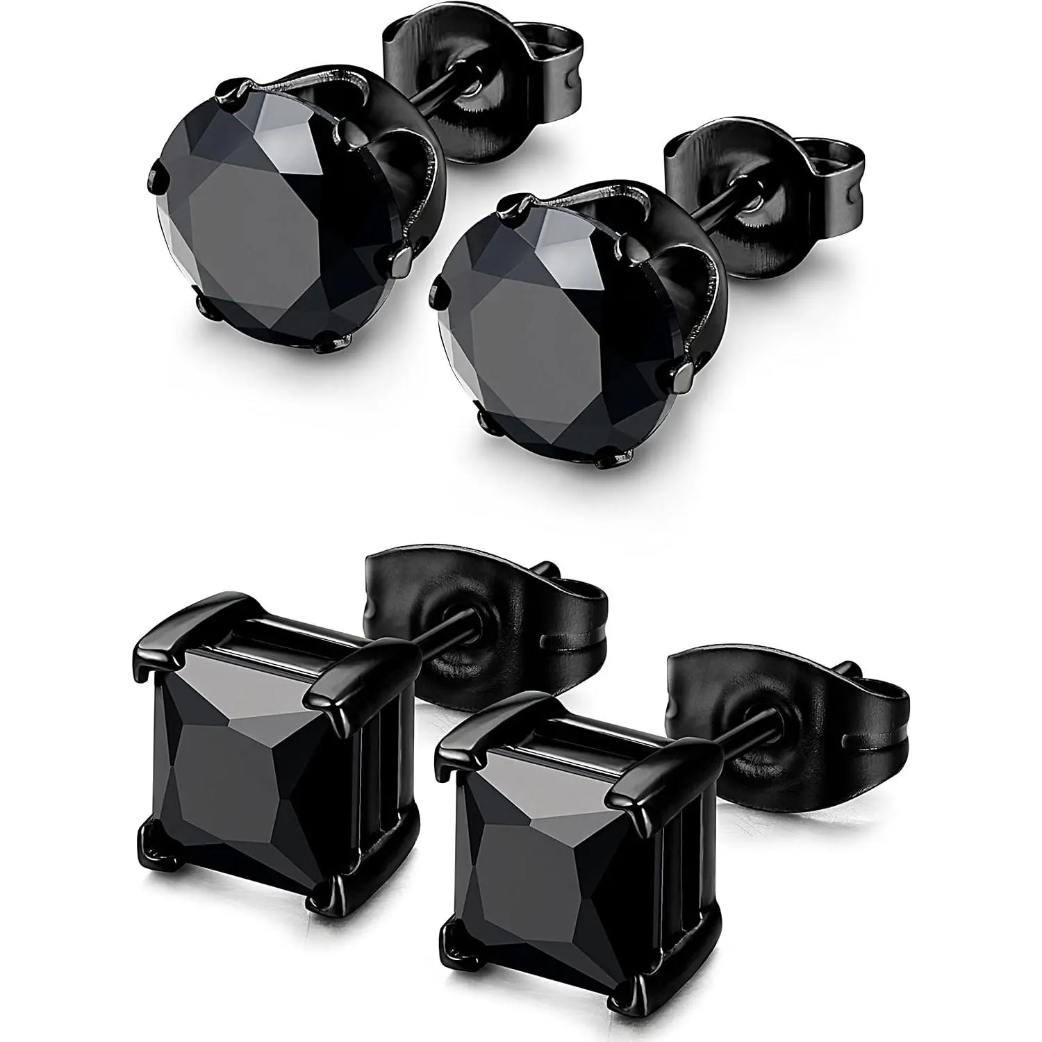 Unisex 2-Pair 316L Stainless Steel Stud Earrings, 3-8MM Square & Round Cubic Zirconia, Rust-Free, Butterfly Clasp, Black Everyday Wear Costume Jewelry Set