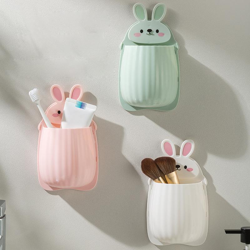 Cute Rabbit Design Toothbrush Holder, 1 Piece Wall Mounted Storage Box, Multifunctional Cosmetic Storage Box for Bathroom