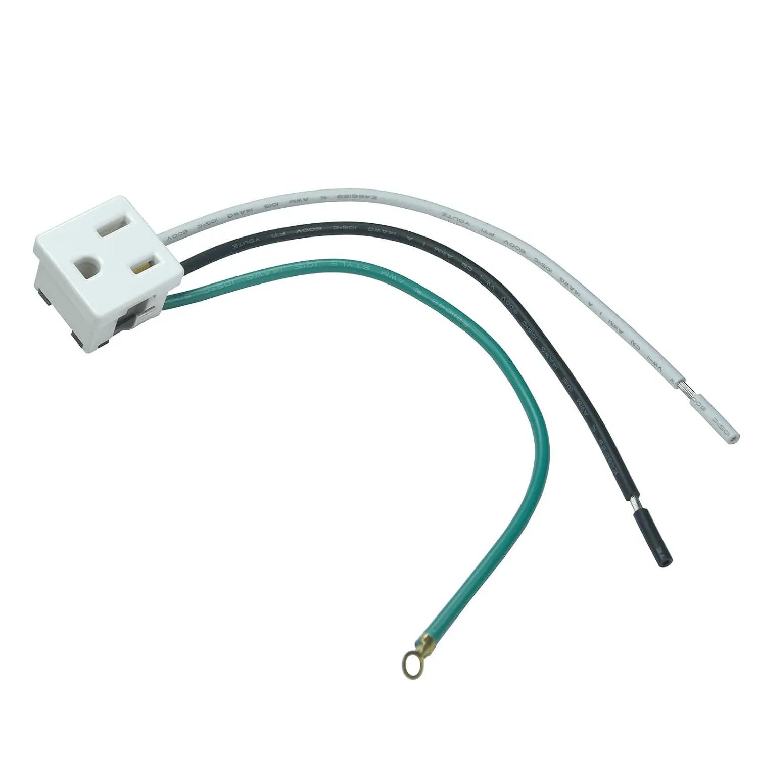 15A/125V Panel Mount AC Outlet, NEMA 5-15R, White | Snap-In Receptacle, Grounding Power Socket, Leads 14AWG, 20CM Long Wired