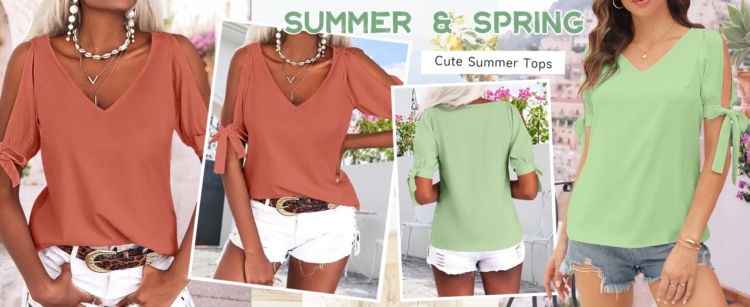 Danedvi Women's Cold Shoulder Tops Short Sleeve V-Neck Casual Loose Cutout Summer Fashion Tshirts Blouse Shirts