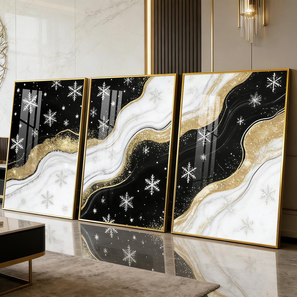 3 Counts Aluminum Alloy Framed Painting, Black White And Gold Snowflake Abstract Art Pictures, Home Decoration For Living Room, Bedroom, Office, Restaurant, Hallway Wall Decor, Odorless Print Artwork, Luxury Perfect Gift For Friends And Family