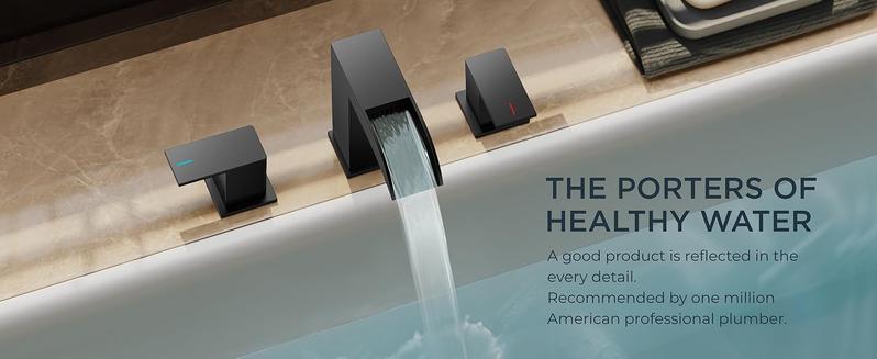 FORIOUS Bathroom Faucets, Waterfall Bathroom Faucet 3 Hole, 8 Inch Widespread Bathroom Sink Faucet with Metal Pop-up Drain and Hose, for Sink Vanity