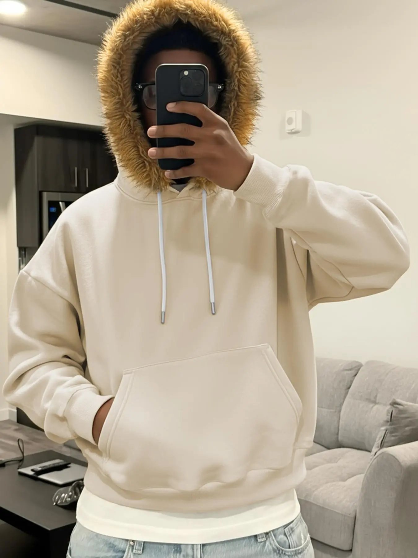 Men's Faux Fur Hoodie, Loose Fit Drop Shoulder Drawstring Pocket Sweatshirt, Thick Warm Pullover for Fall Winter Casual Wear