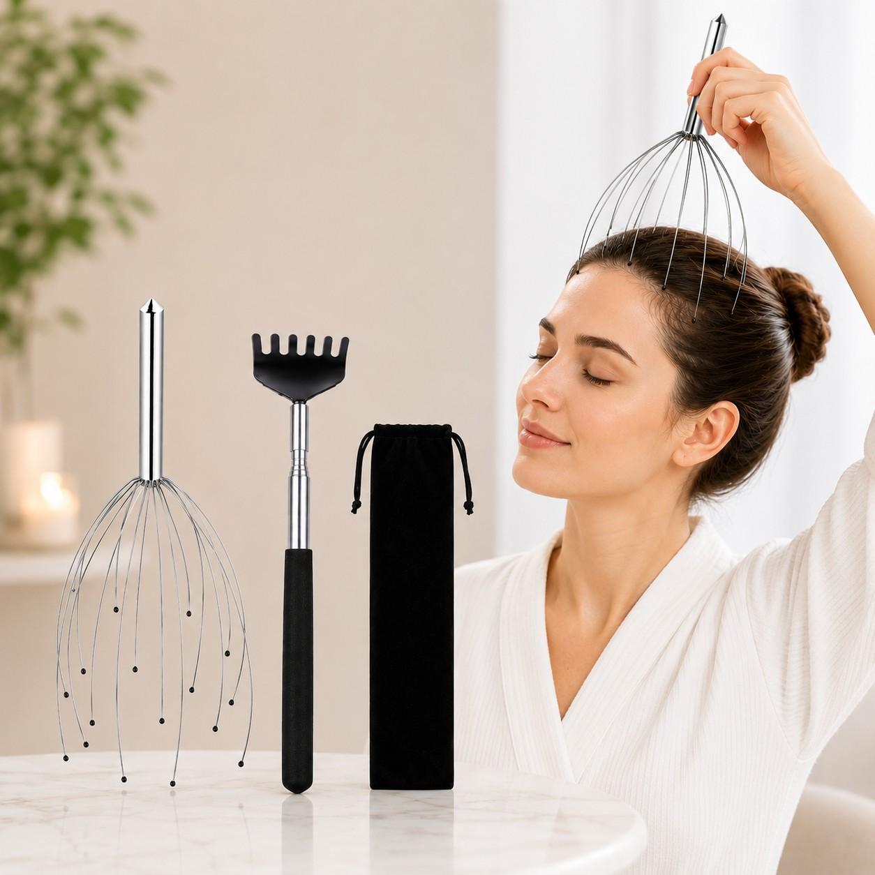 Stainless Steel Octopus Head Massager Set with Telescopic Back Scratcher, Adjustable Scalp Massage Tool Kit with Velvet Storage Bag for Stress Relief Relaxation Stainless Steel Octopus Head Massager Set with Telescopic Back Scratcher, Adjustable Scalp Massage Tool Kit with Velvet Storage Bag for Stress Relief Relaxation