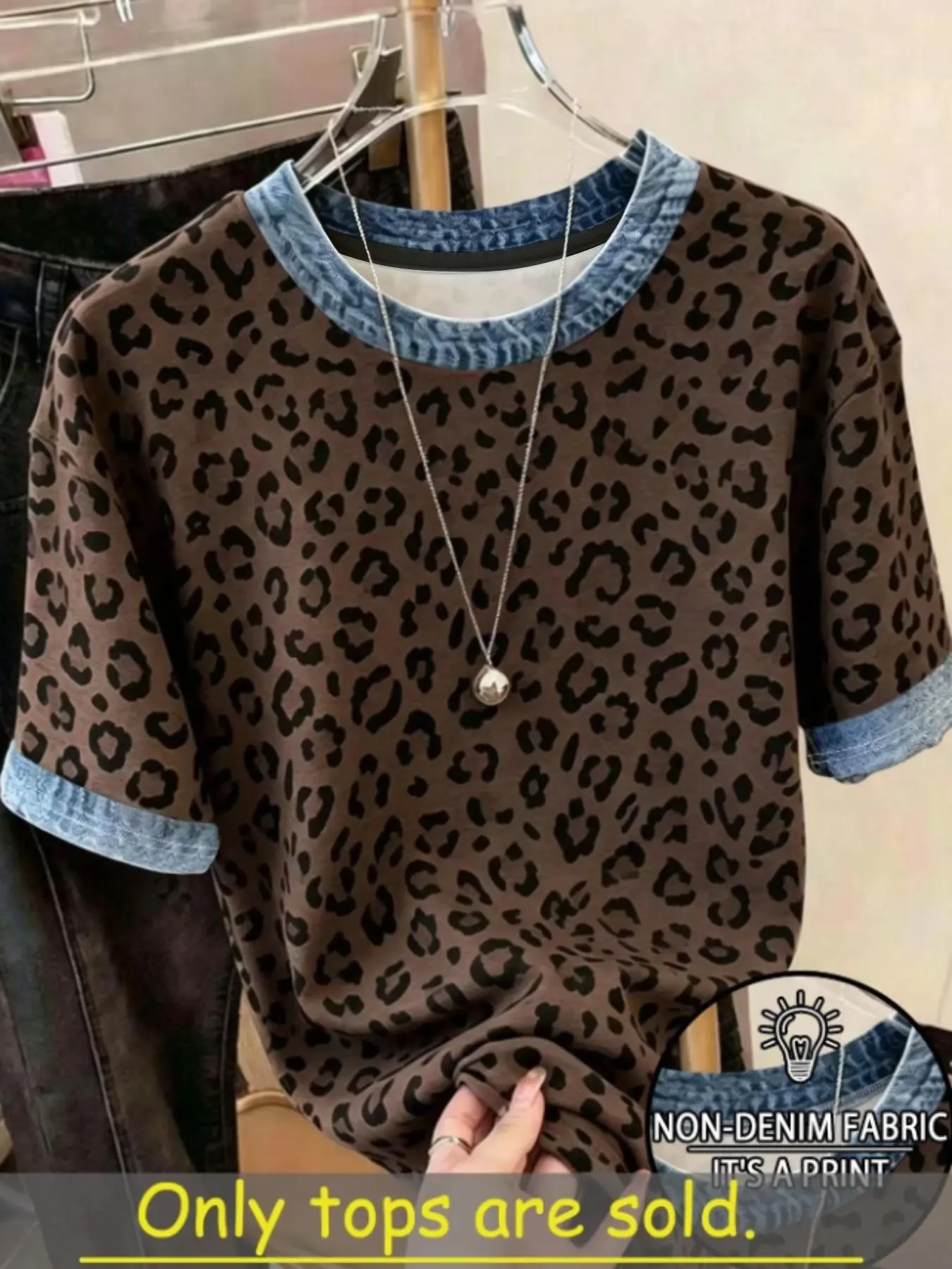 Women's Leopard Print Short Sleeve T-Shirt, Denim Trim Round Neck Top, Vintage Casual Street Style, Perfect for Daily Wear
