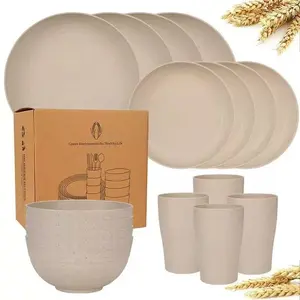 16-Piece Wheat Straw Sturdy Lightweight Disposable Dinnerware Service Set, Dinner Sets, Dishware Sets, Includes Plates Bowls Cups, Perfect for Outdoor Picnics Family Gatherings, Tableware Kit