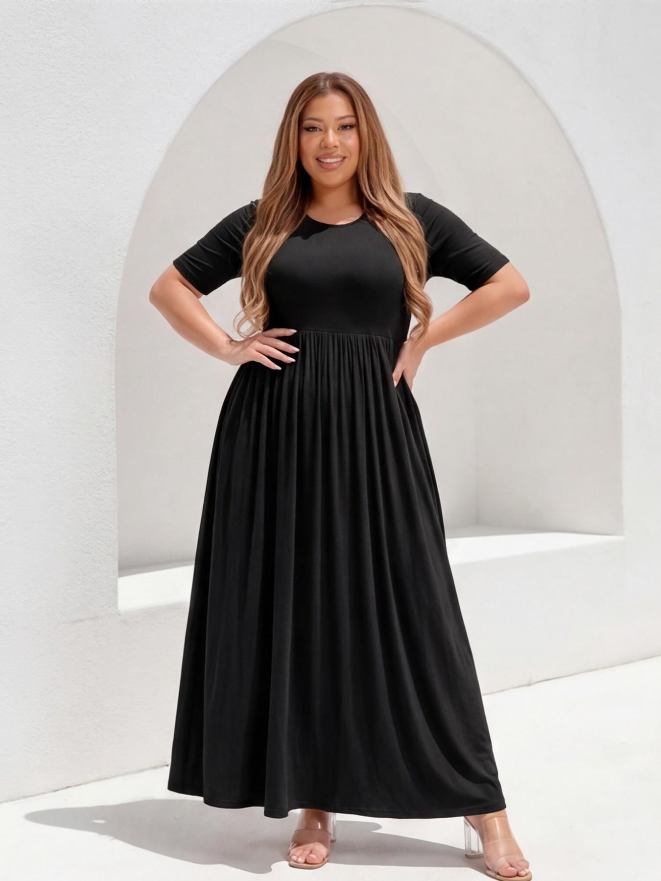 Plus Size Solid Black Maxi Dress | Short Sleeve High Waist Pleated Loose Casual Long Dresses