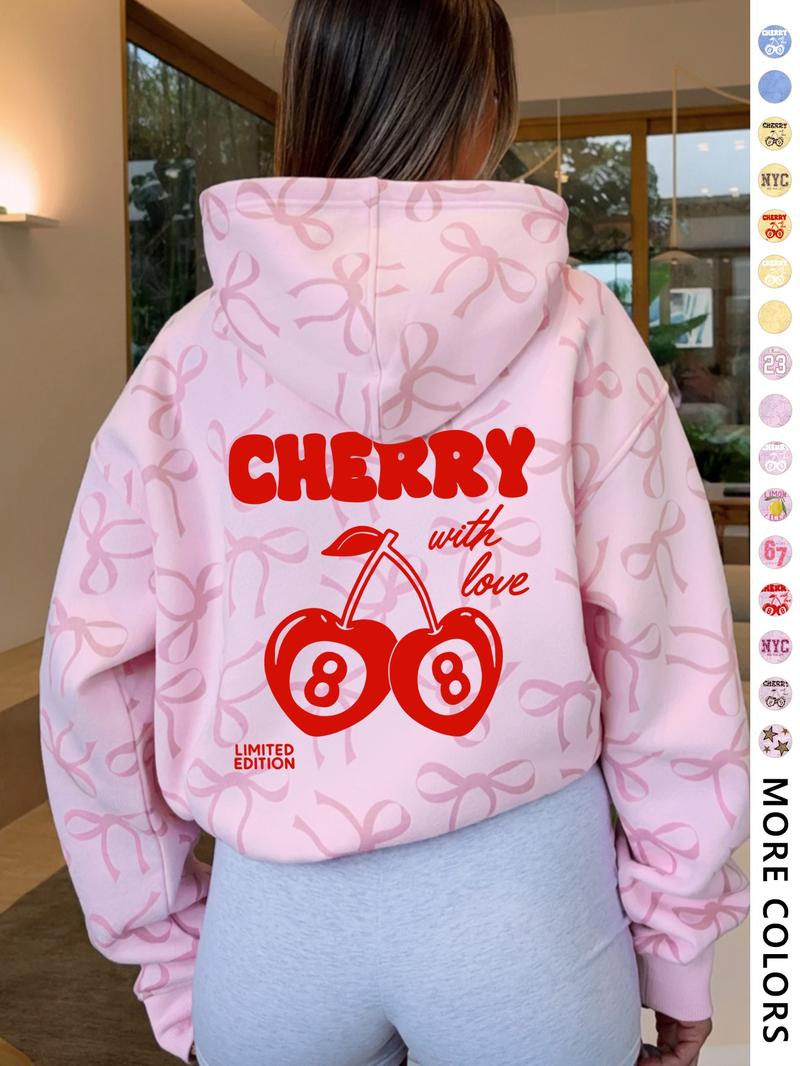 Women's Hooded Sweatshirt with Bow Print, Long Sleeve Fitted Casual Top, Spring & Fall Fashion, Perfect Gift for Valentine's Day