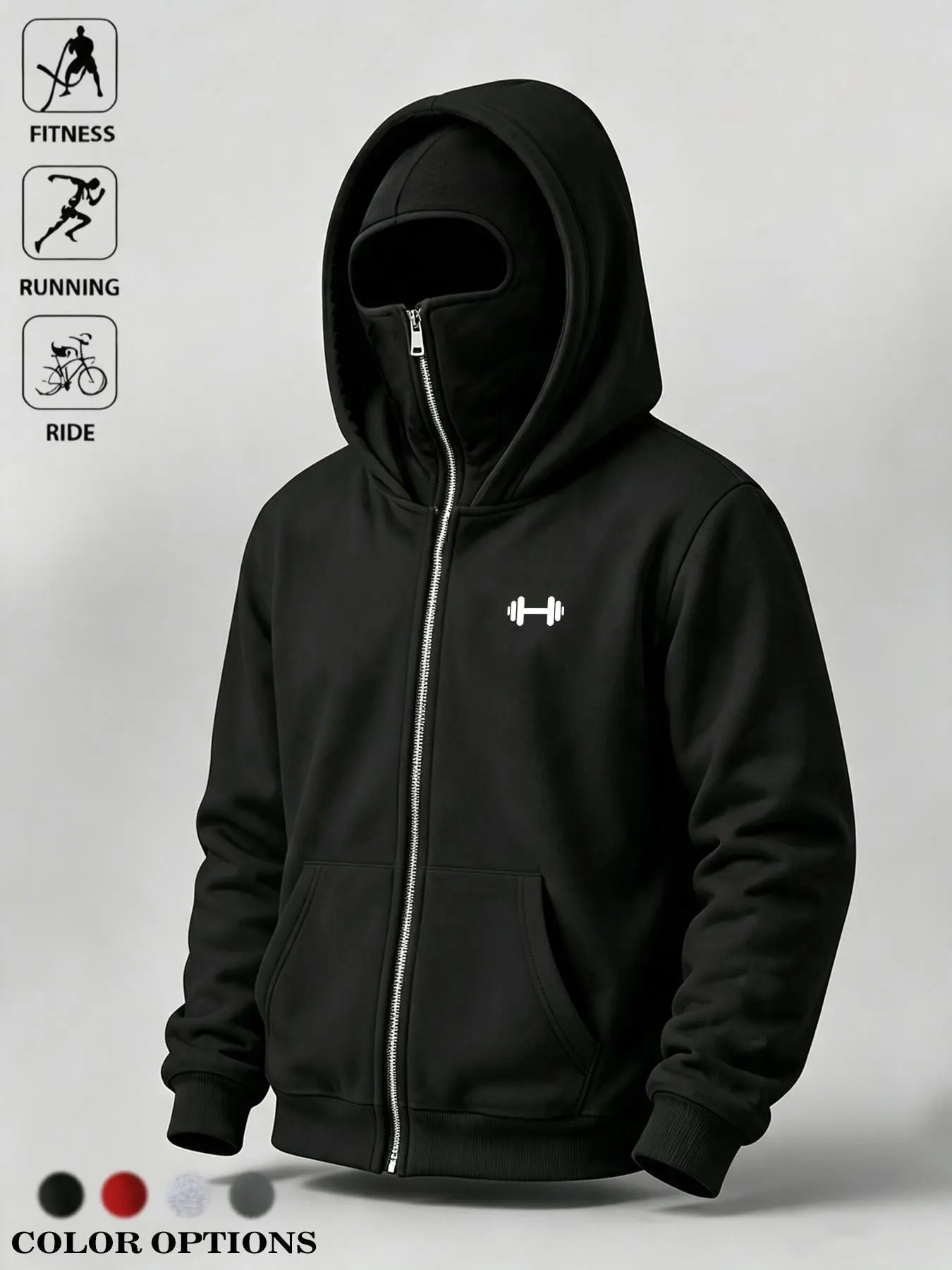 Warm Fleece Balaclava Hooded Sweatshirt For Men Full Zip Dumbbell Logo Pullover, Versatile Light‑Outdoor Street Casual Athleisure Jacket For Workout Sports Commute Street Daily Wear Gym Wear Gothic