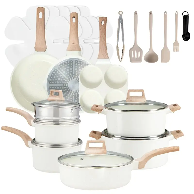 25-Piece Multi-Size Lightweight Ceramic Granite Non-Stick Pots and Pans Set with Glass Lids, Stay-Cool Handles, Induction Safe for Kitchen Home Supplies