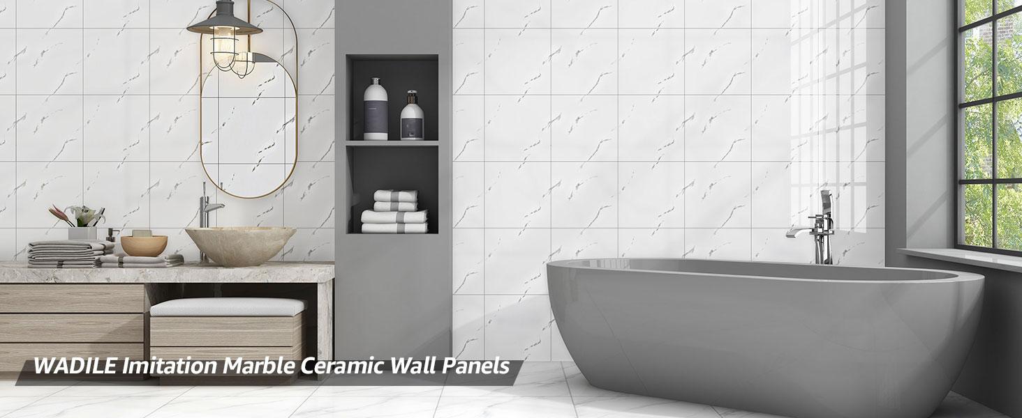 10pcs Peel and Stick Shower Waterproof Marble Tiles Wall Panels, 11.8"x11.8" Self-Adhesive Backsplash, for Home Bathroom, Kitchen, Living Room White (Not Real Tile)