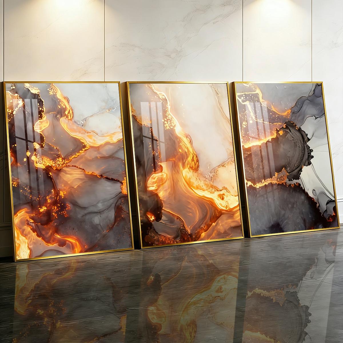 3 Counts Aluminum Alloy Framed Painting, Abstract Golden Lava Flow Pictures, Home Decoration For Living Room, Bedroom, Office, Restaurant, Hallway Wall Decor, Odorless Print Artwork, Luxury Perfect Gift For Friends And Family