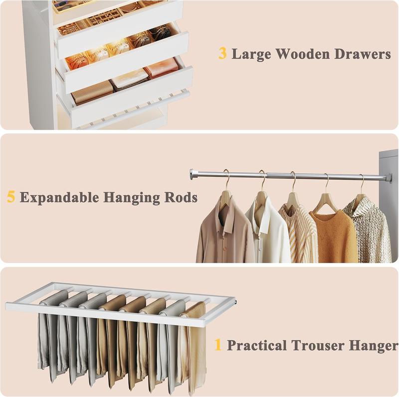 Closet System, 4-8FT Closet Organizer with 3 Wood Drawers & Glass Top, 102'' Walk in Closet with 5 Hang Rods & LED Lights & Trouser Rack, Built-in Wardrobe Clothes Rack with Shelves and Tower, White