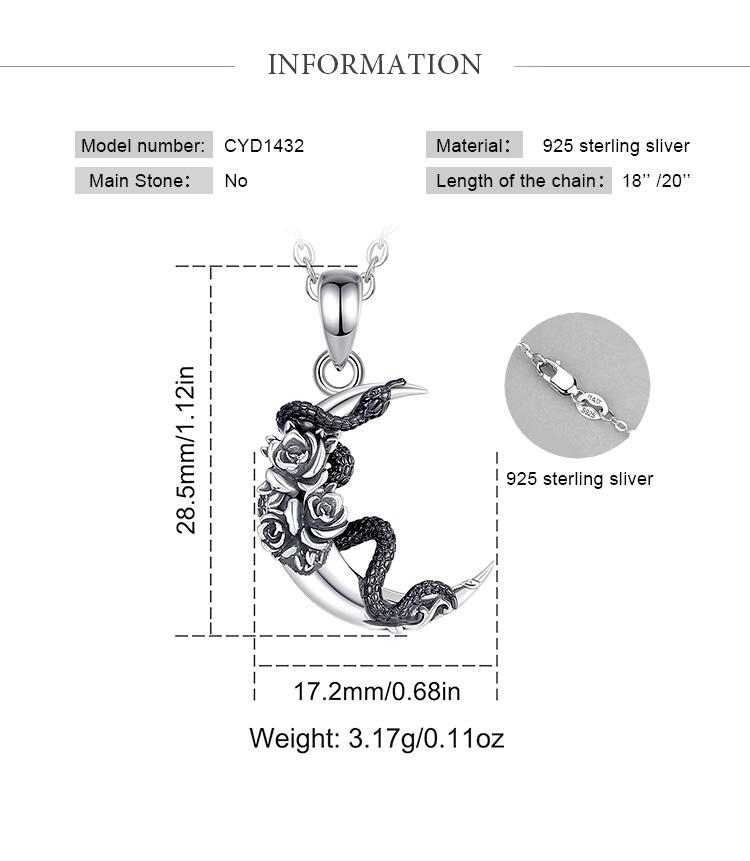 925 Sterling Silver Snake and Moon Pendant Necklace, Gothic Witchcraft Jewelry with Roses, Vintage Jewelry for Women