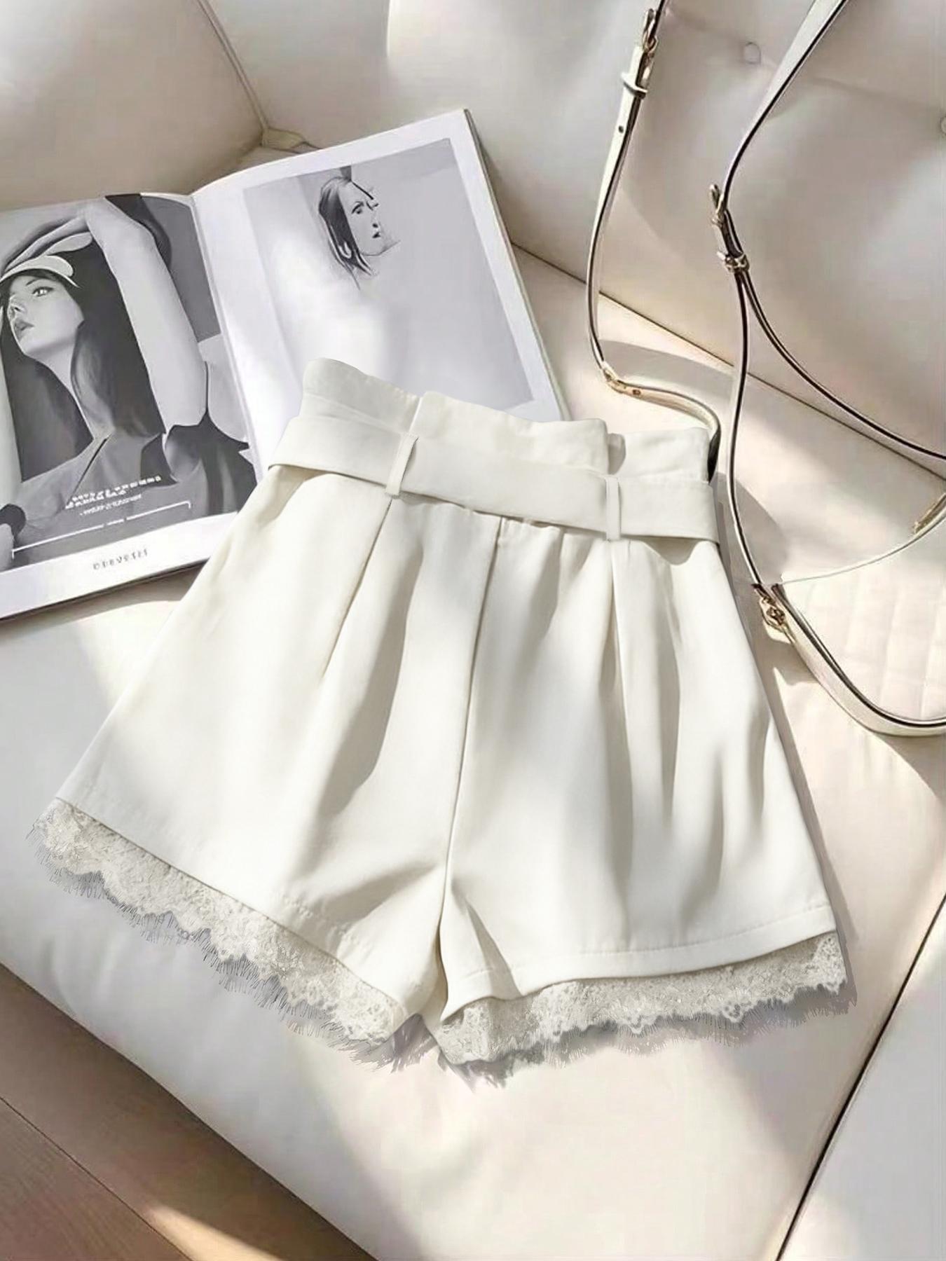 Women's Summer Shorts Elegant Series Fashion Versatile (with Belt), Fitted Design Contrast Lace, Plain Pattern Short Pants
