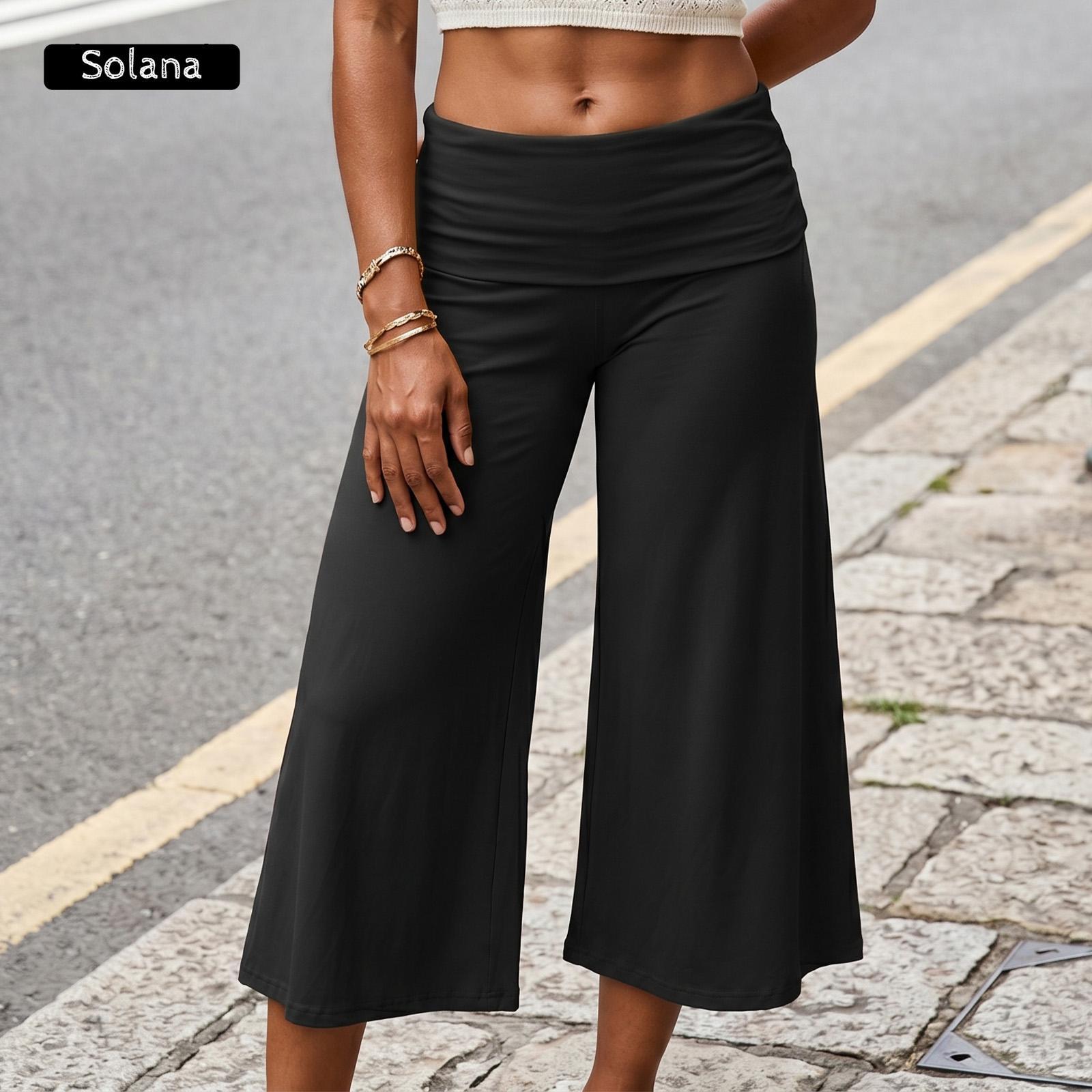 Women Summer Fold Over Wide Leg Capri Pants Low Rise Lounge Yoga Flare Culottes Y2k Soft Flowy Crop Palazzo Pants Beach