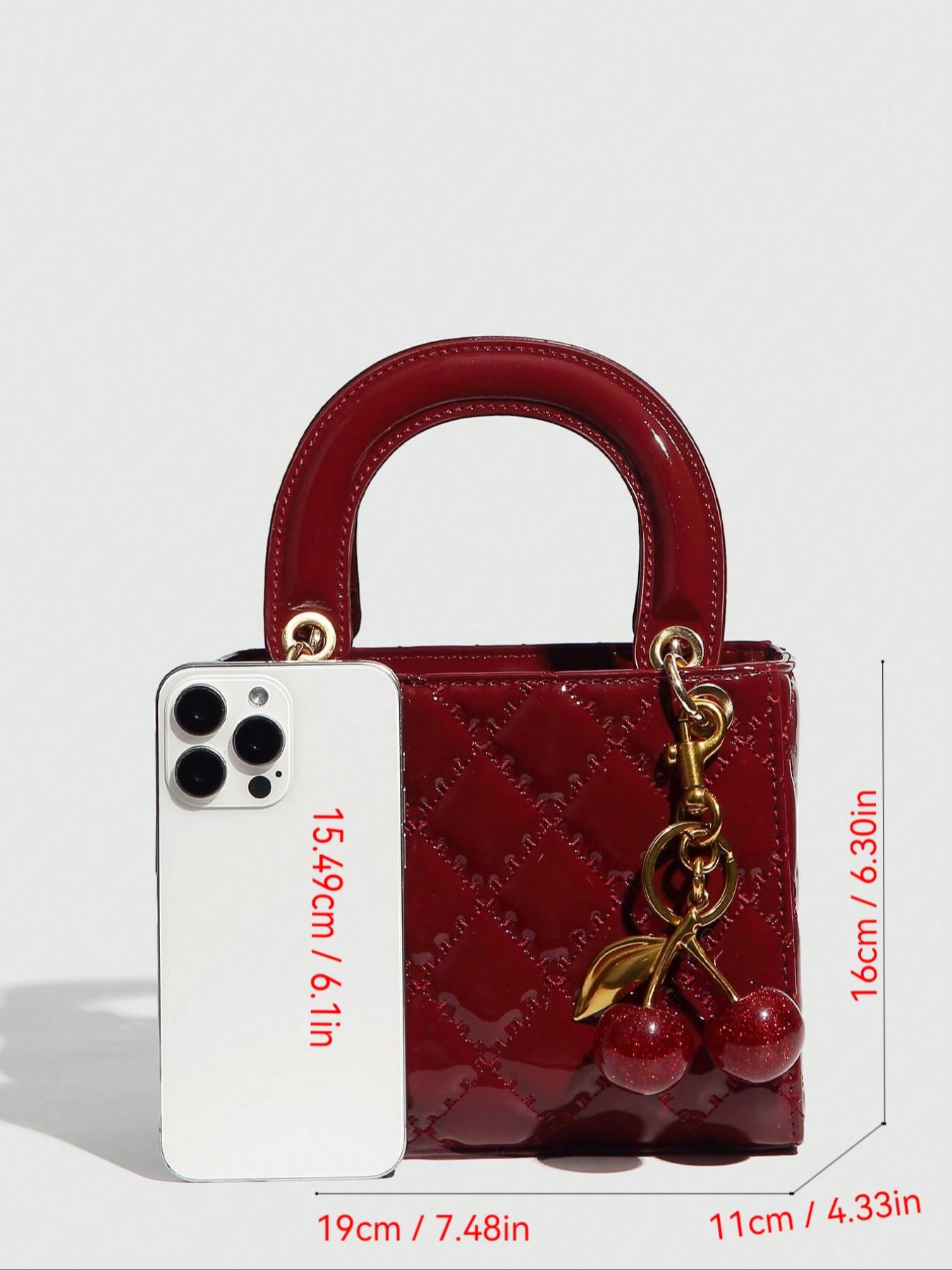 Checkered Bag with Cherry Charm, Fashionable Versatile Handbag, Casual Shoulder Crossbody Bag, Women's Stylish Tote, Convertible Shoulder Bags