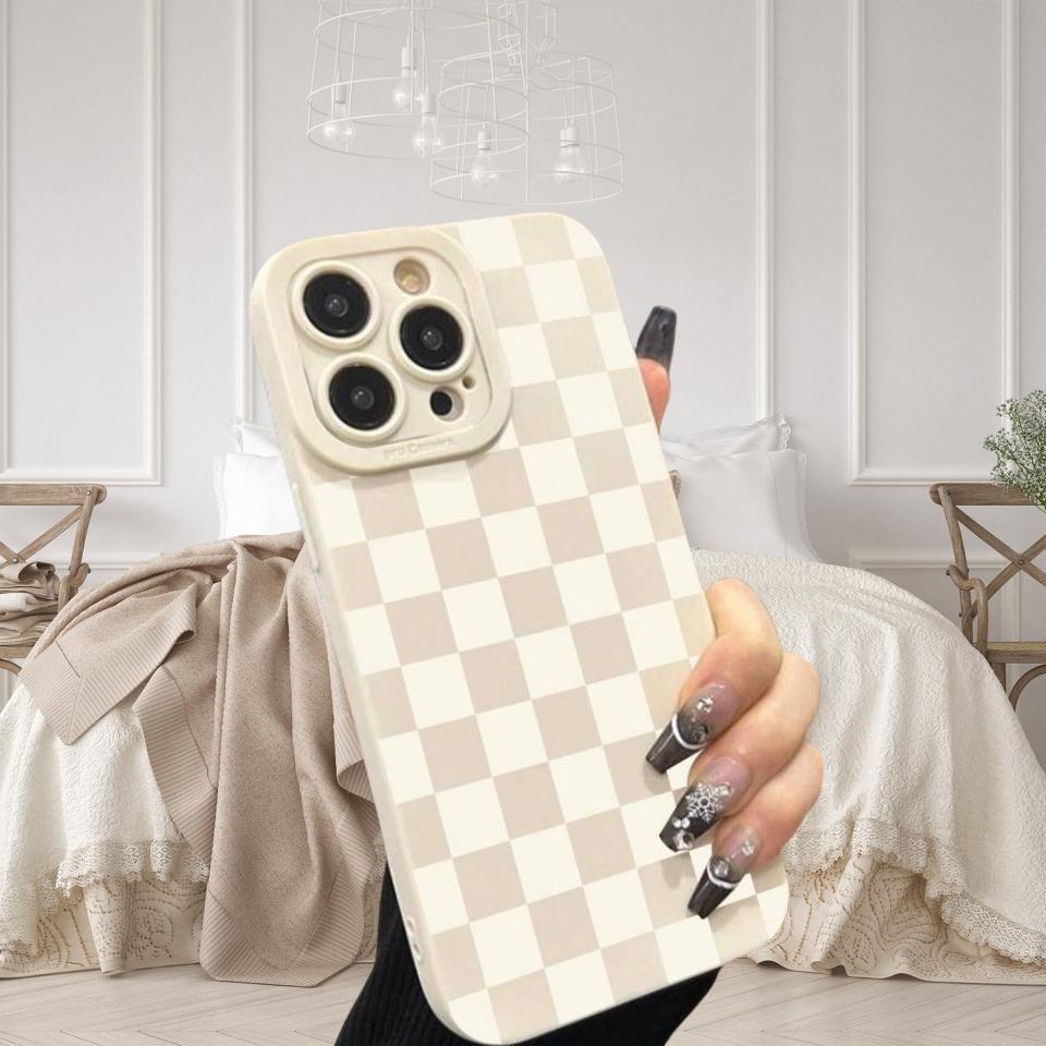 Checkerboard Pattern Phone Case, Anti-drop Cellphone Protective Case, Total Protective Shockproof Mobile Phone Cover for iPhone 11 12 13 14 15 16 17 Pro Max, Casing, Protector, Smartphone, Cream