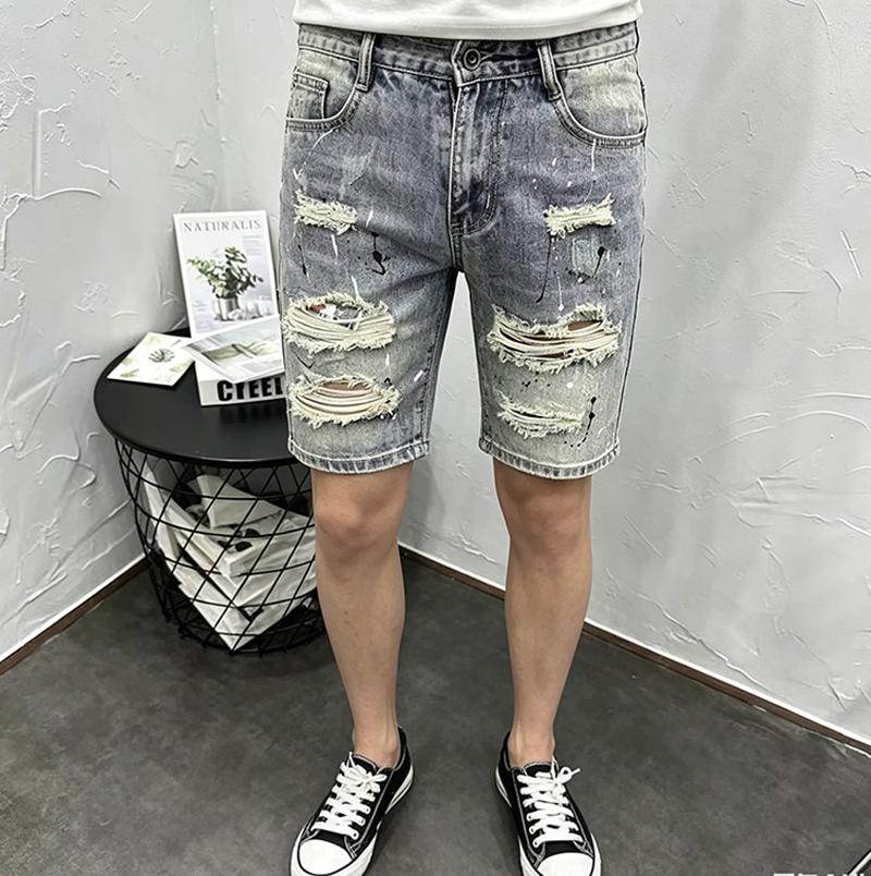 Z356  Men's denim shorts, trendy high street style, heavy-duty ripped, splatter-paint, slim-fit, stretchy mid-length shorts