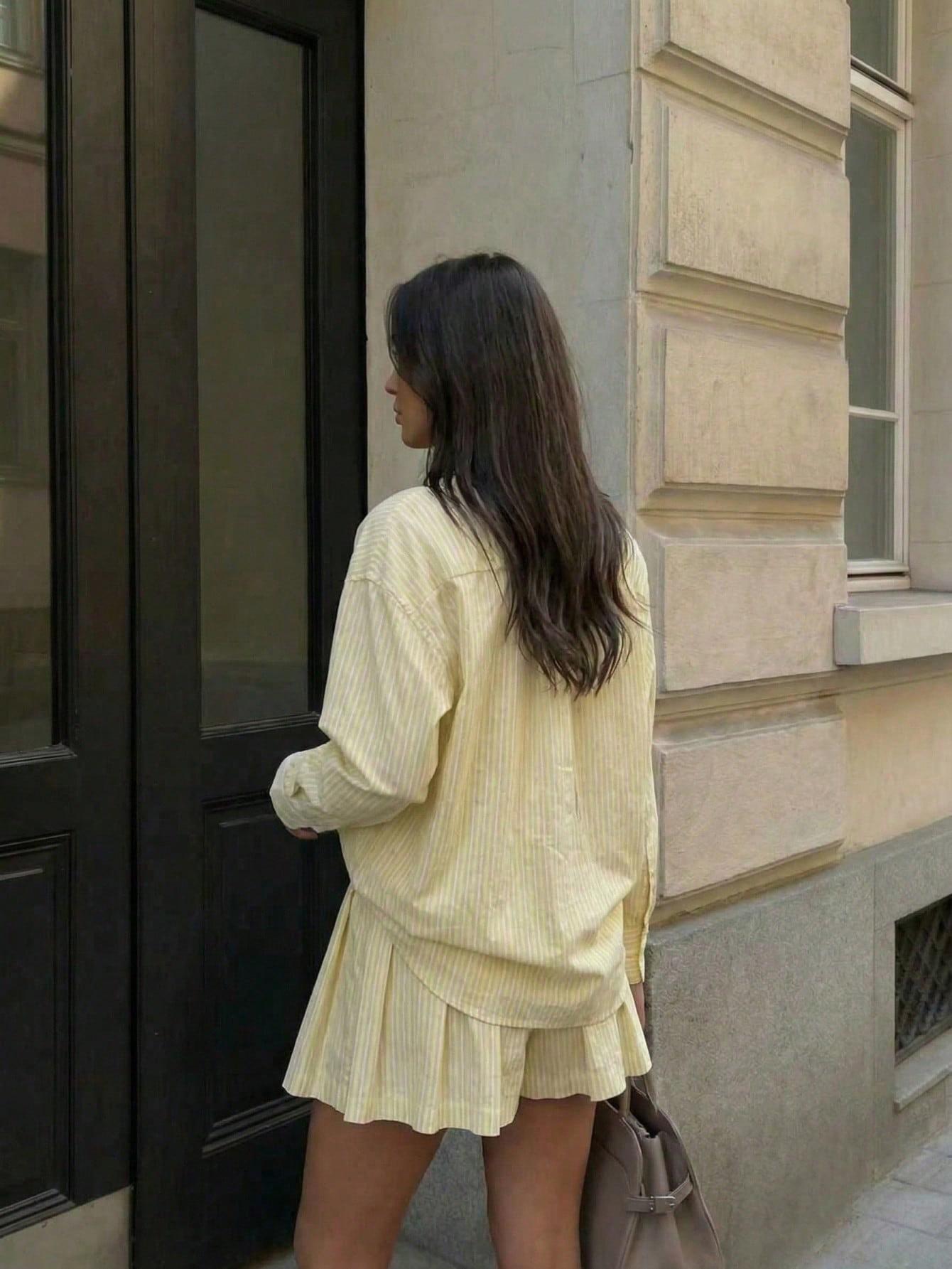 Women's Summer Comfortable Chic Striped Pocket Button-Front Shirt and Shorts Set for Daily Wear Fashion Style Sets
