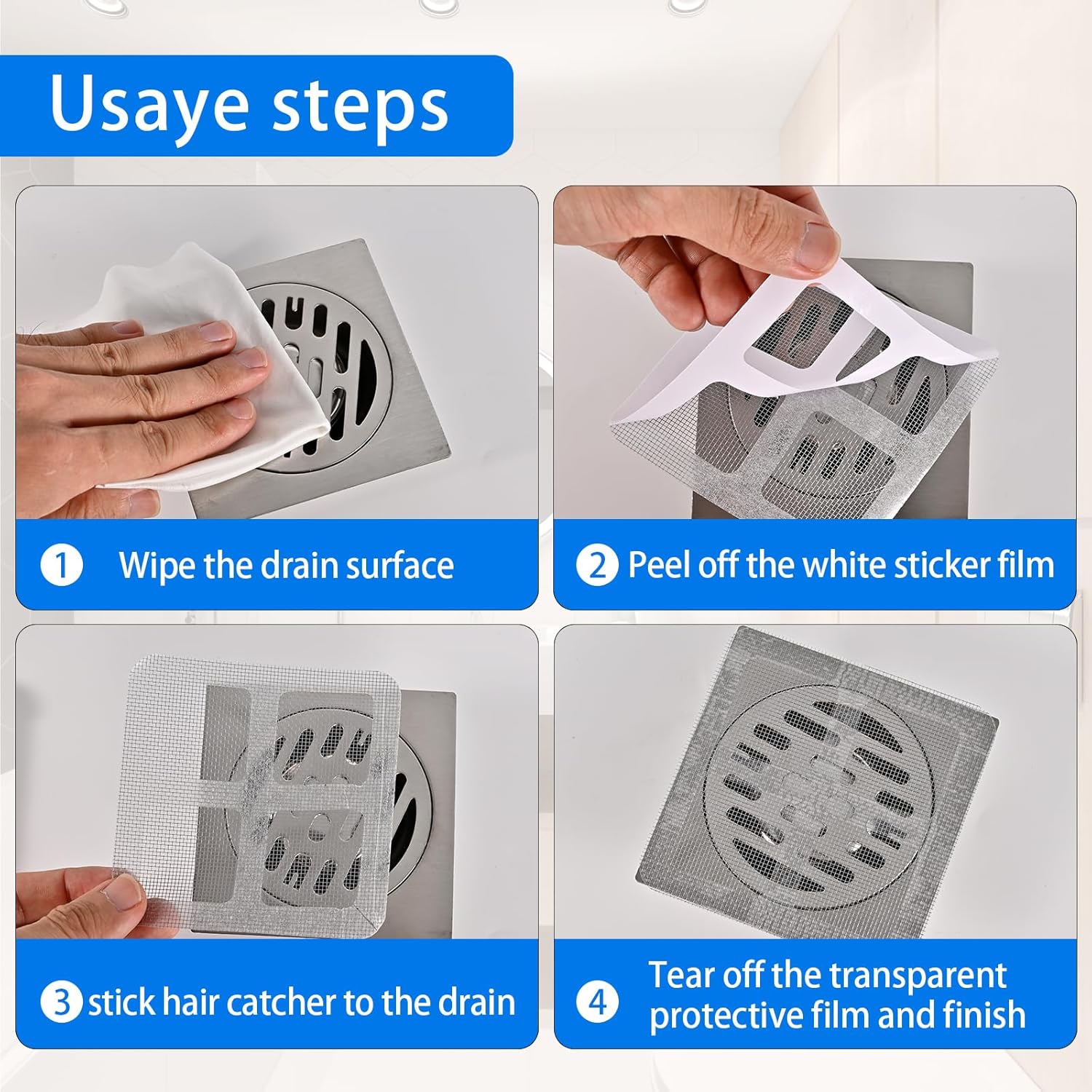 30 Counts Disposable Shower Drain Cover, Hair Catcher with Square Design, Mesh Stickers for Bathroom, Laundry, Bathtub, Sink, Adhesive Repair Tape Kit