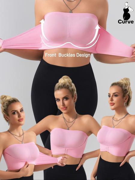 【Plus Size】 Solid Color Push Up Strapless Bra, No Padding,Women's Comfortable Breathable Soft Bra,Front Chest Buckles Design,Women's Lingerie for All Seasons,Ladies Knitted Stretch Underwear For Daily Wear or any Occasion