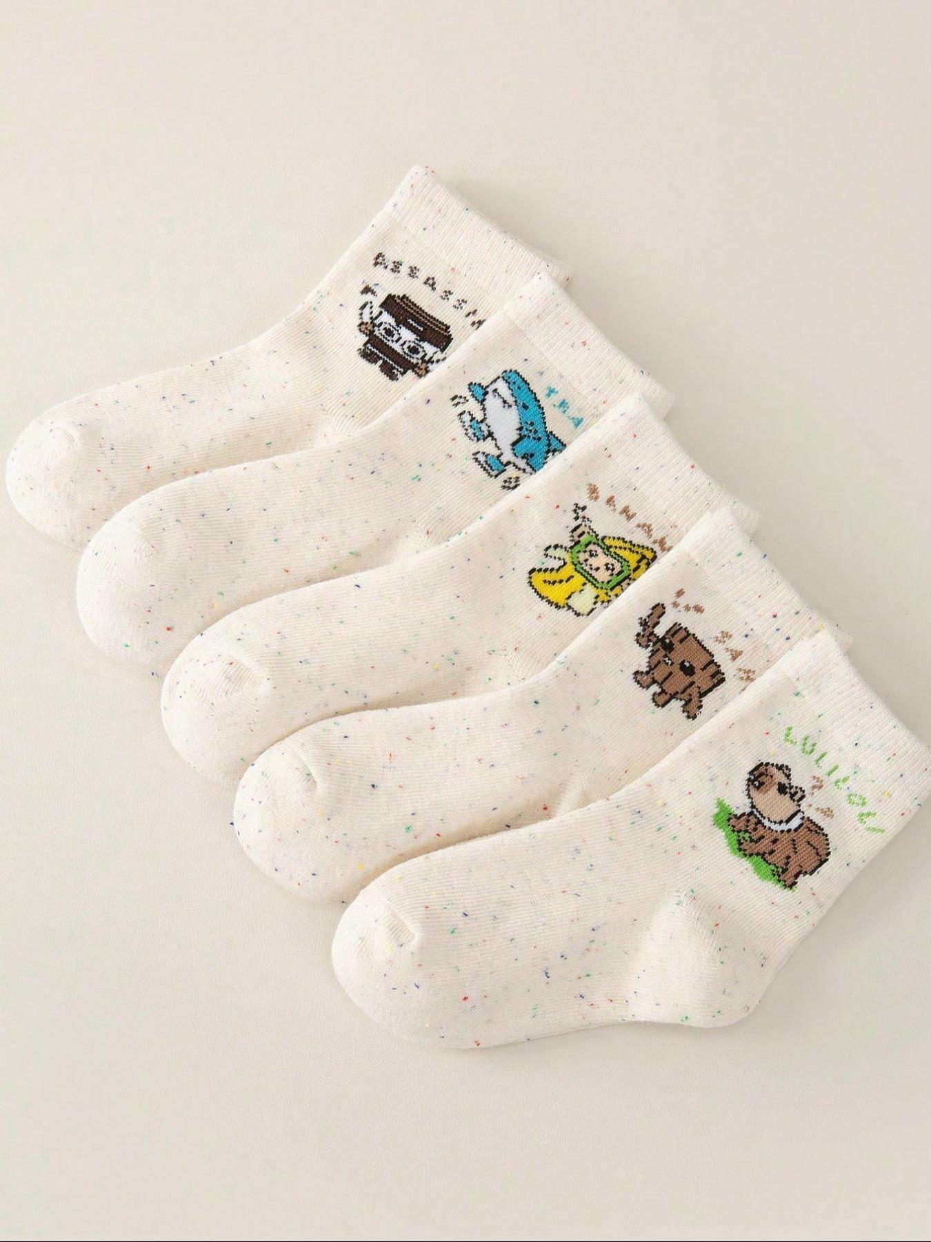 5 Pairs Kids Socks, Student Mid-Calf, Shark Pattern, Banana Monkey Cartoon, Fun Personality, Soft Comfortable, Daily Wear