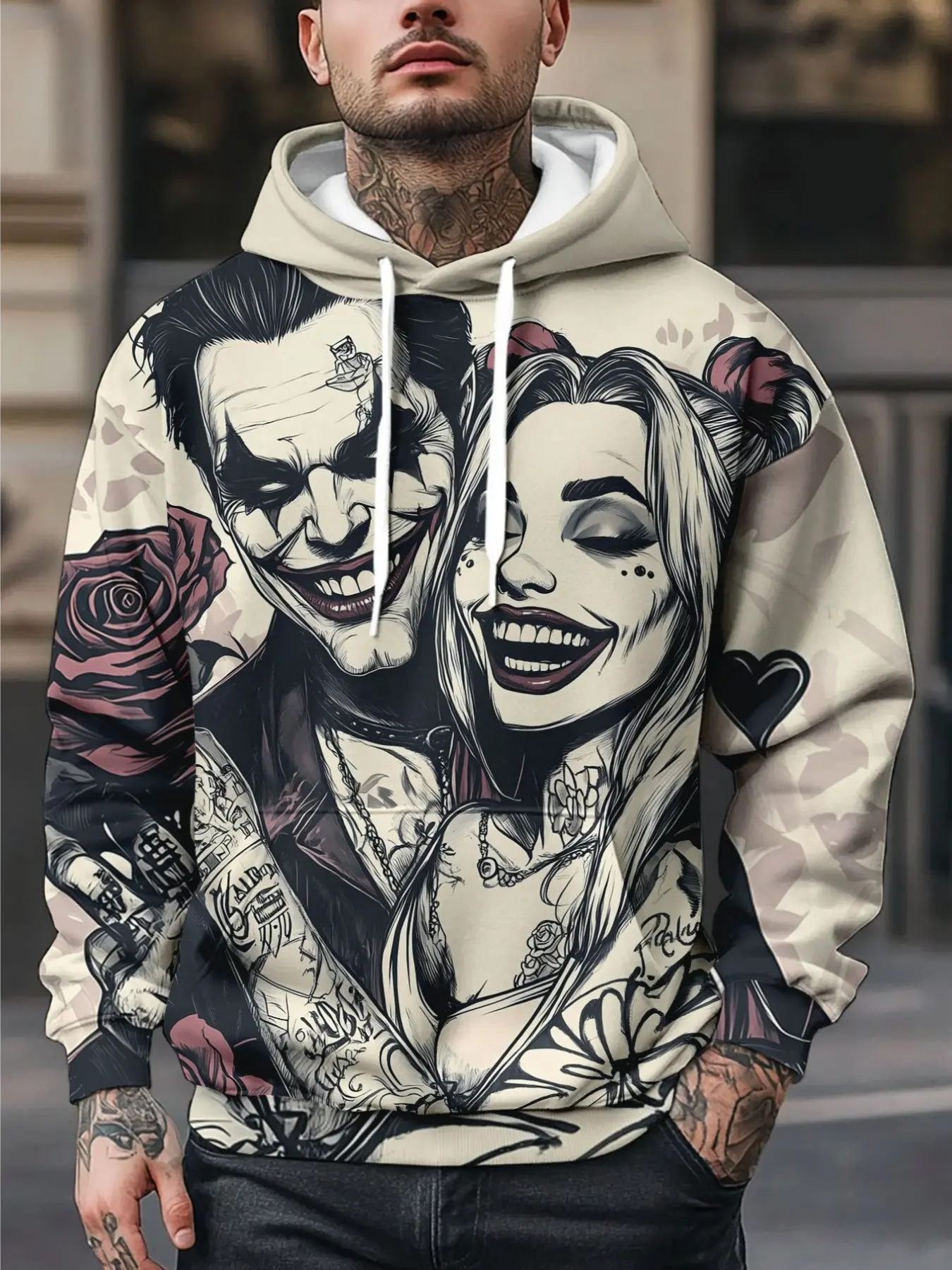 Men's Hooded Sweatshirt, Warner Collaboration, Joker Harley Quinn Print, Casual Fitted Sweatshirt, Fall Winter Fashion, Graphic Hooded Sweatshirt