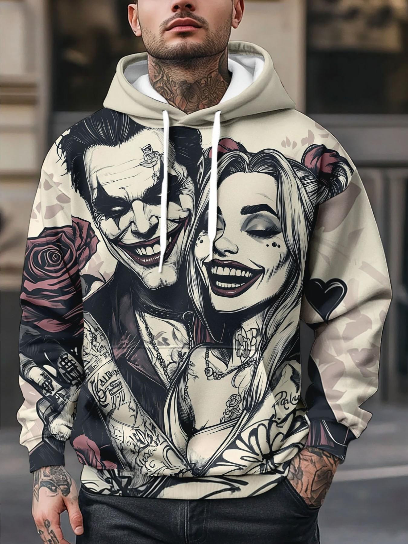 Men's Hooded Sweatshirt, Warner Collaboration, Joker Harley Quinn Print, Casual Fitted Sweatshirt, Fall Winter Fashion, Graphic Hooded Sweatshirt