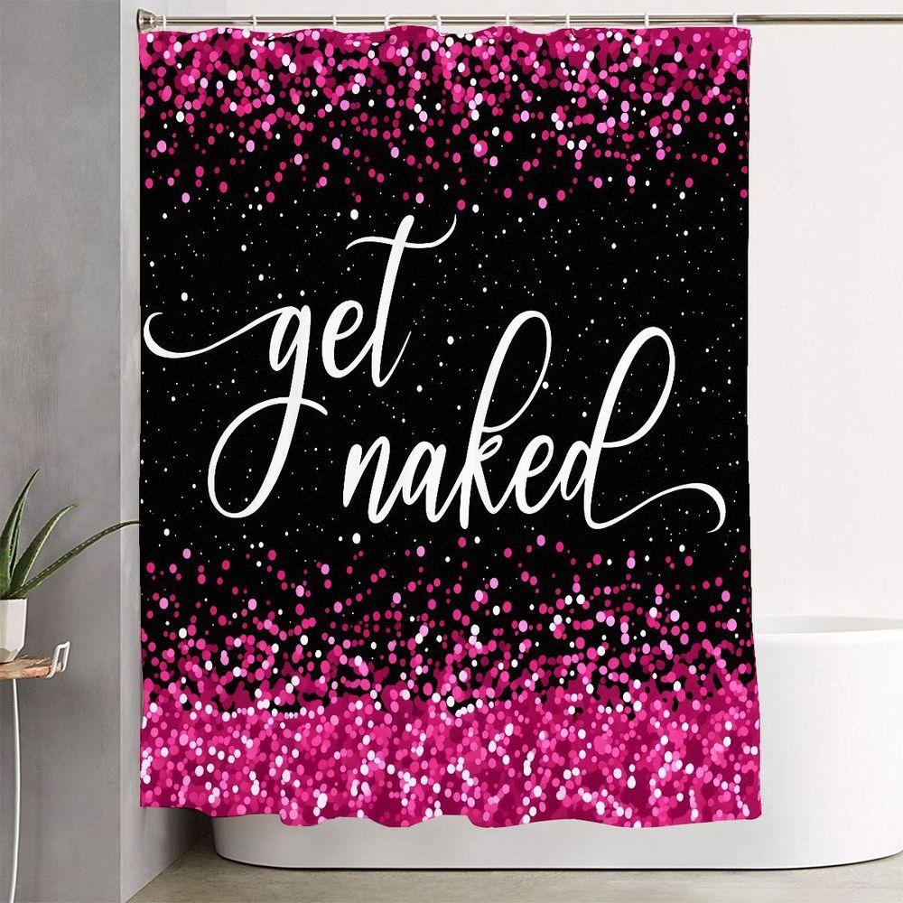 1/4pcs Pink & Black 'Get Naked' Bathroom Set, Shower Curtain with Confetti, Matching Toilet Seat Cover, 2 Bath Mats - Glamorous Playful Decor for Birthday, Party, Bridal Shower, Housewarming Gift