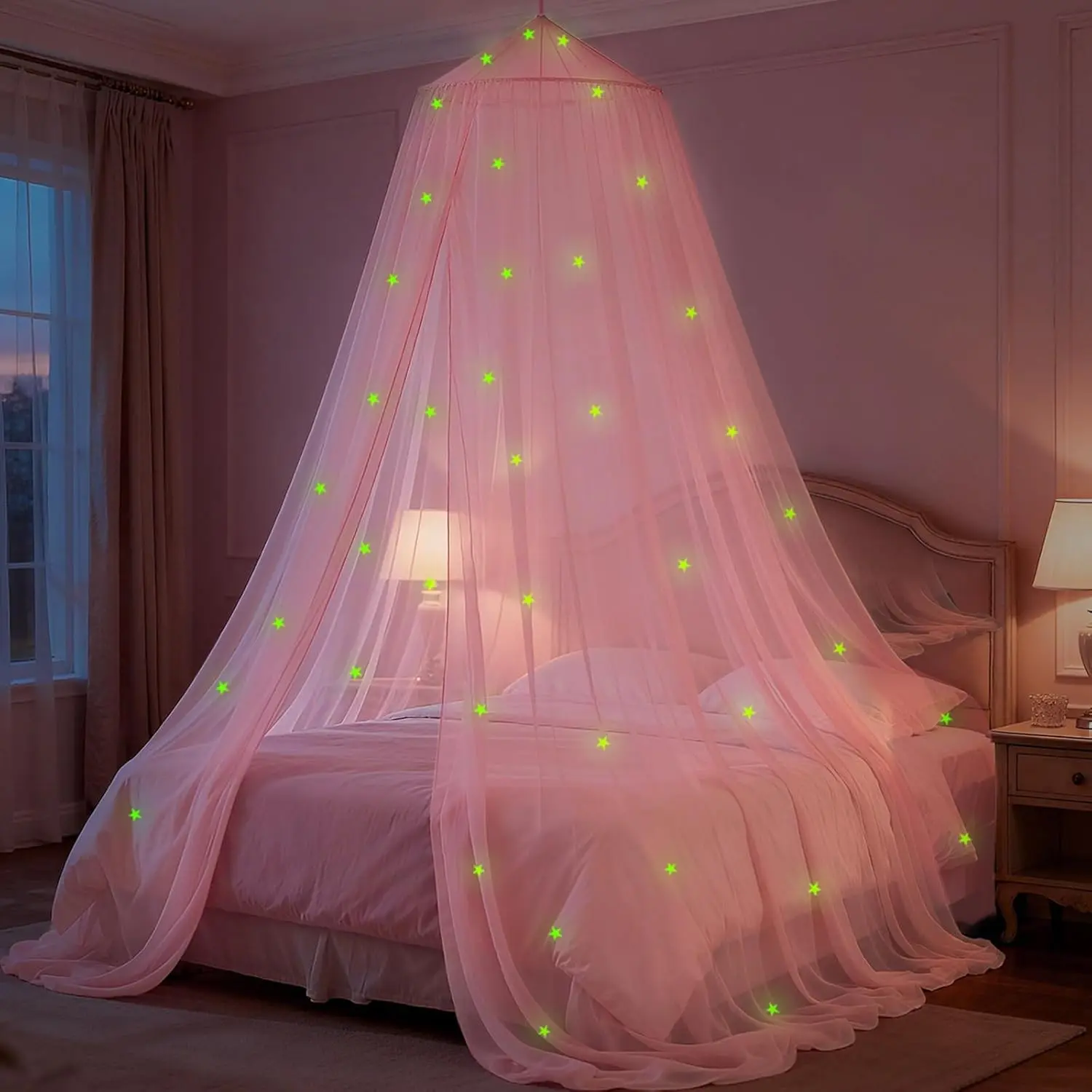 Pink Princess Bed Canopy with Glowing Stars for Girls – Fits Twin, Full & Queen Beds; Mosquito Net Canopy Tent for Reading Nooks, Indoor Room Decor & Outdoor UseGift