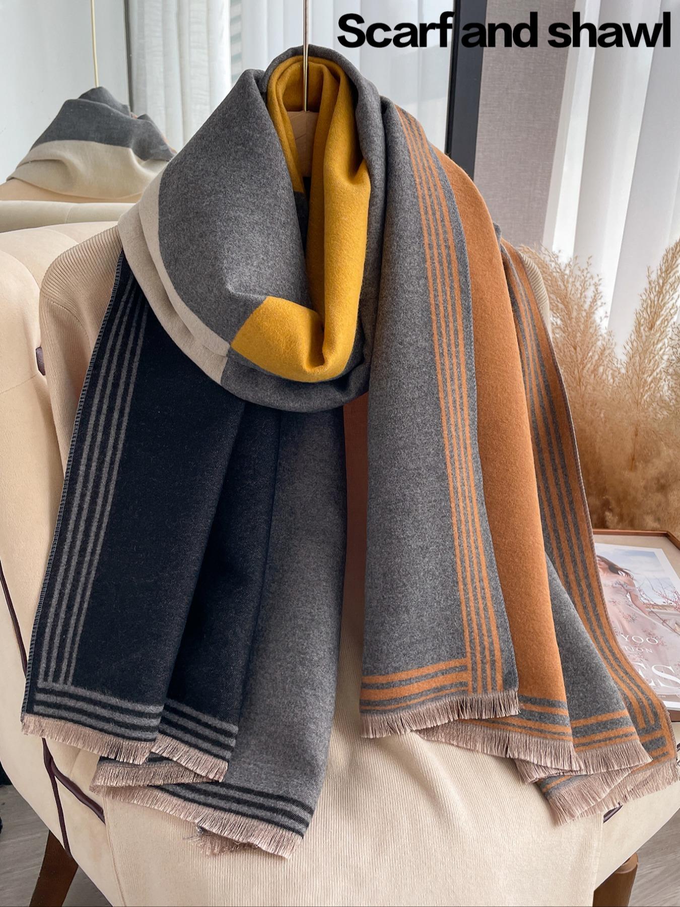 Women's Colorblock Tassel Decor Double Sided Scarf, Casual Soft Warm Shawl for Fall & Winter, Fashion Accessories for Women & Men