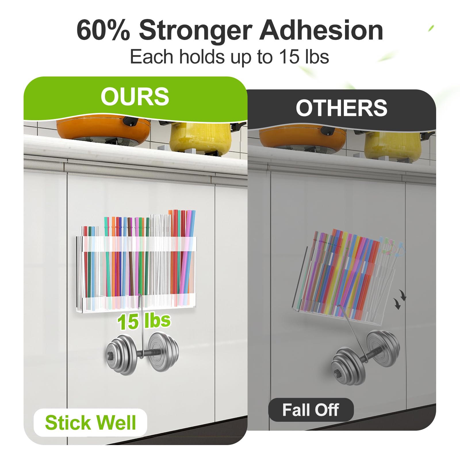 Straw Holder for Cabinet Door, 9.8” Adjustable Two-Part Large Acrylic Straws Organizer with Ultra Sticky Adhesive Strips, 2025 Reusable Straw Storage for Kitchen Drawer(Transparent)