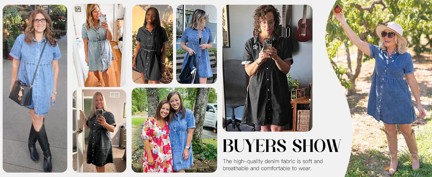 FMEYOA Womens Summer Denim Dress Button Down Short Sleeve Babydoll Dress Puff Sleeve Flowy Jean Dress