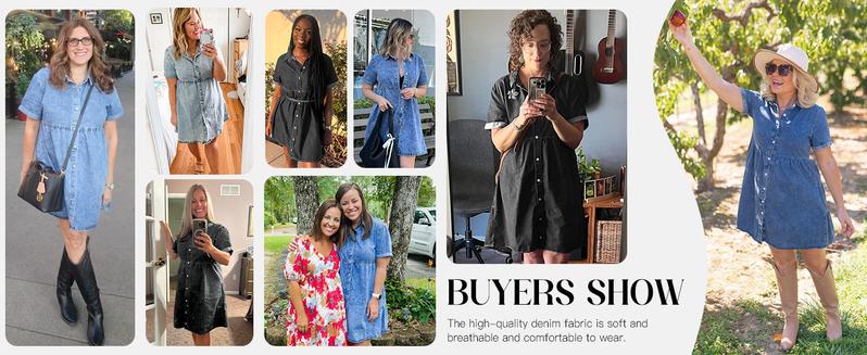 FMEYOA Womens Summer Denim Dress Button Down Short Sleeve Babydoll Dress Puff Sleeve Flowy Jean Dress