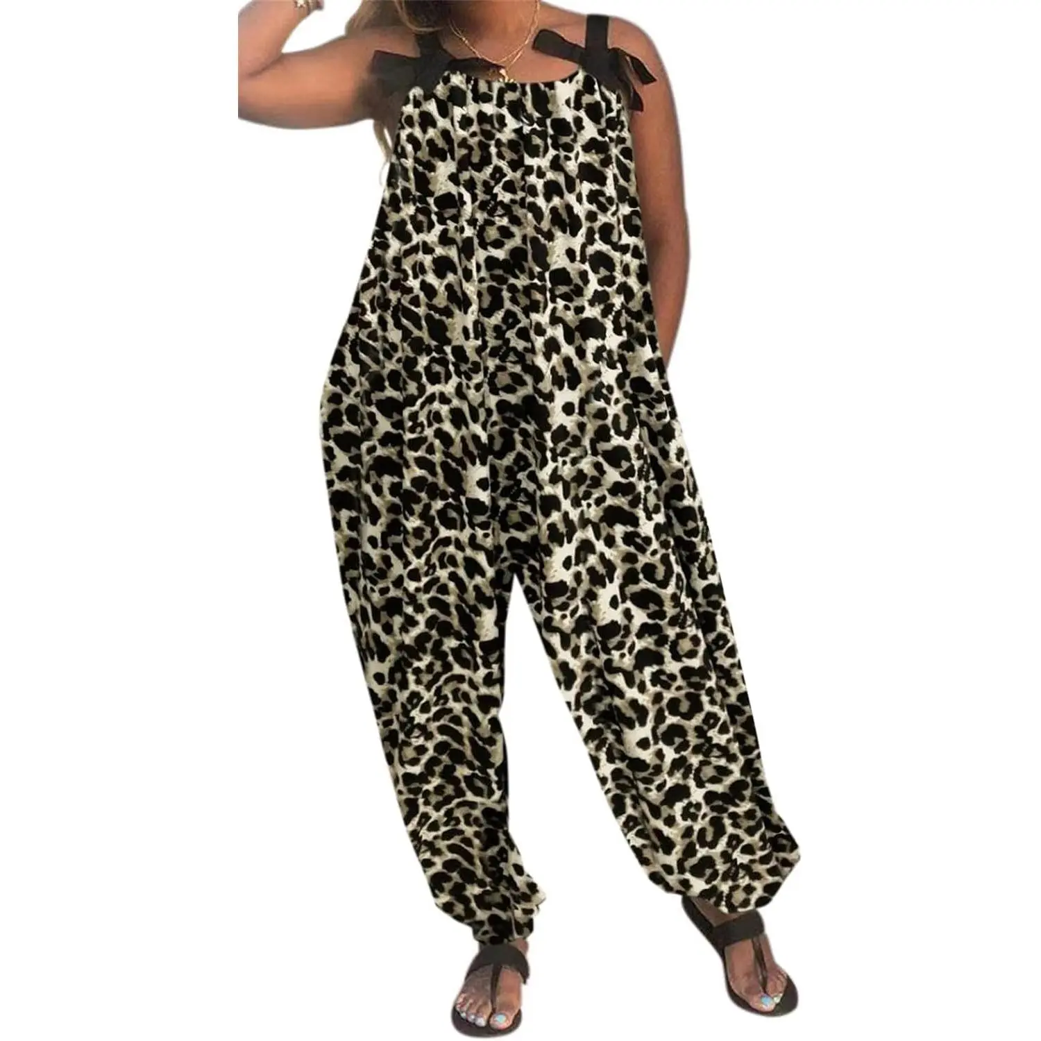 Wonens Plus Size Overalls Spaghetti Strap Baggy Romper Harem Wide Leg Jumpsuit With Pockets