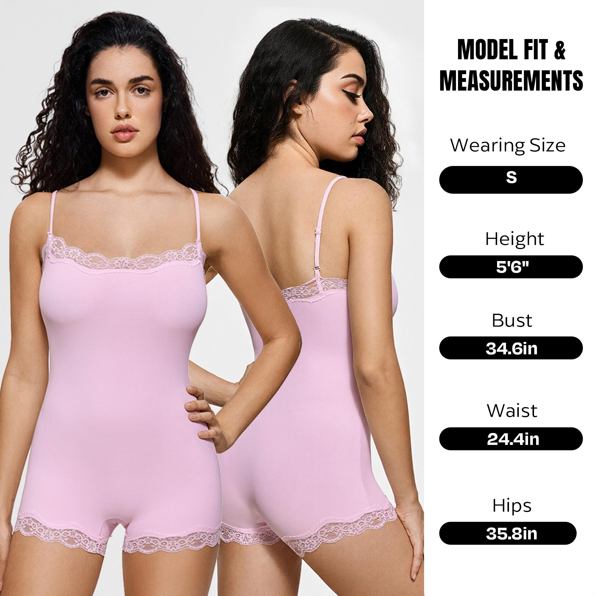 KatchMe Women's Basic Solid Color Spaghetti Strap Lace Trim Seamless Bodysuit Hot Lace Bodysuit