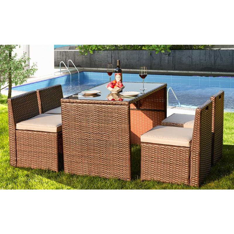 5-Piece Garden Patio Dining Set - Space-Saving Wicker Furniture with Glass Table & Cushioned Chairs for Lawn & Porch