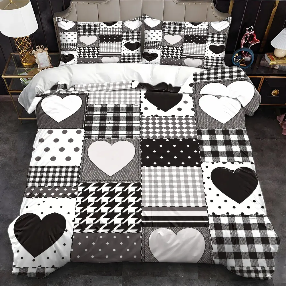 3PC Quilted Black & White Heart Motif Bedding Set - Large Double Bed, Quilt, 2 Pillowcases, All-Season, Machine Washable, Hidden Zipper, Ideal for Bedrooms, Dorm Rooms