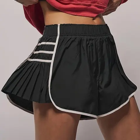 Imily Bela Womens Workout Gym Shorts Running Pleated Contrast Stitch Elastic Waist Athletic Quick Dry Shorts