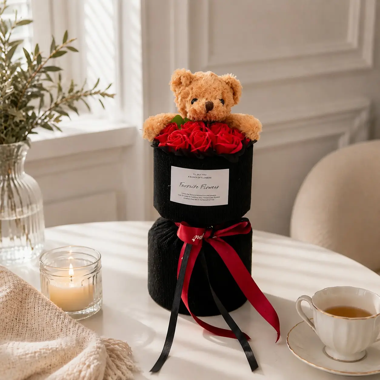 Teddy Bear Rose Bouquet, Artificial Red Roses Flower Arrangement, Decorative Flowers, Cute Gift for Girlfriend Wife Mom, Romantic Valentine’s Day Birthday Anniversary Mother’s Day Home Decor