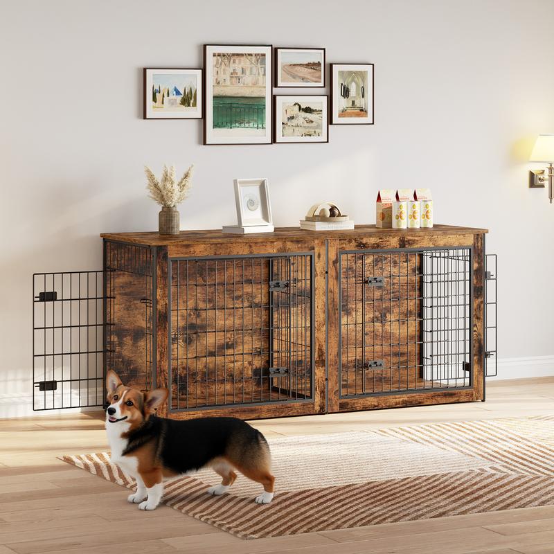 HOOBRO Dog Crate Furniture for 2 Dogs, 63" Large Double Dog Crate Furniture with Divider, Wooden Indoor Dog Kennel TV Stand for Medium Large Dogs, Rustic Brown Home Cage HOOBRO Dog Crate Furniture for 2 Dogs, 63" Large Double Dog Crate Furniture with Divider, Wooden Indoor Dog Kennel TV Stand for Medium Large Dogs, Rustic Brown Home Cage