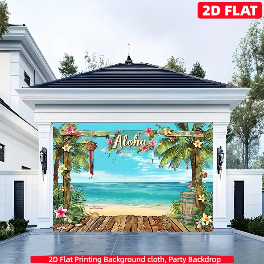 2D Flat Aloha Hawaii Beach Decorative Backdrop 1 Pack Polyester Material Tropical Palm Flower Seaside Party Banner Summer Beach Themed Photo Hanging Cloth Luau Party Atmosphere Curtain Reusable Waterproof Decorative Supplies