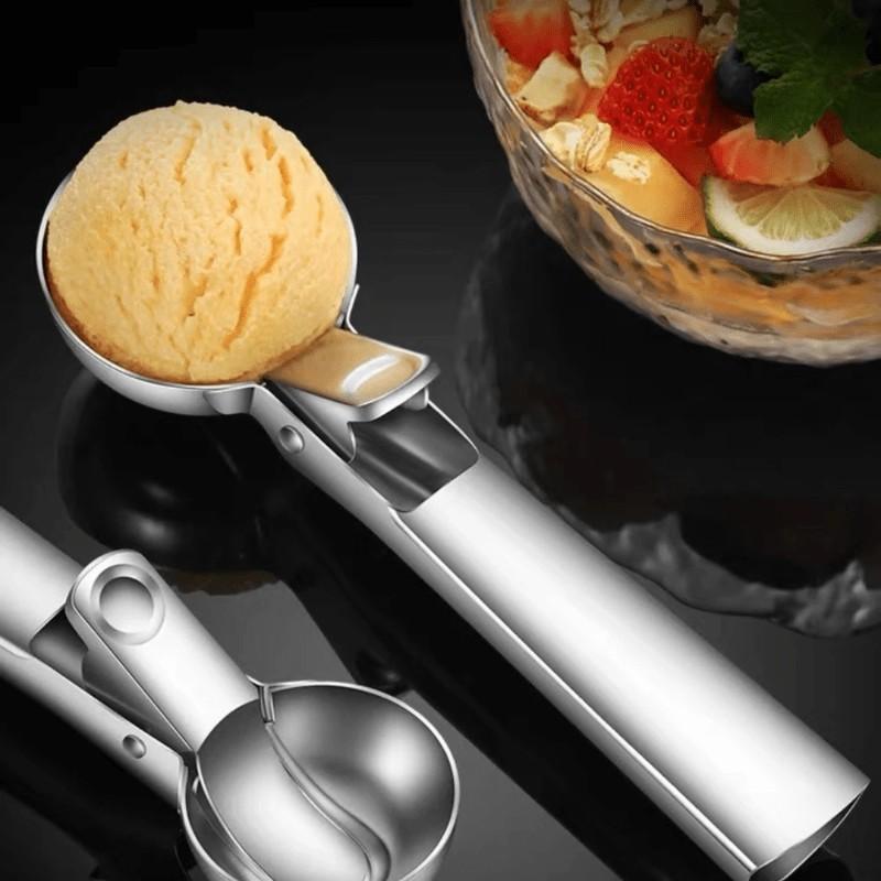 Stainless Steel Ice Cream Spoon with Trigger, Ideal for Ice Cream and Jelly, Heat Resistant, Dishwasher Safe, Comfortable Grip