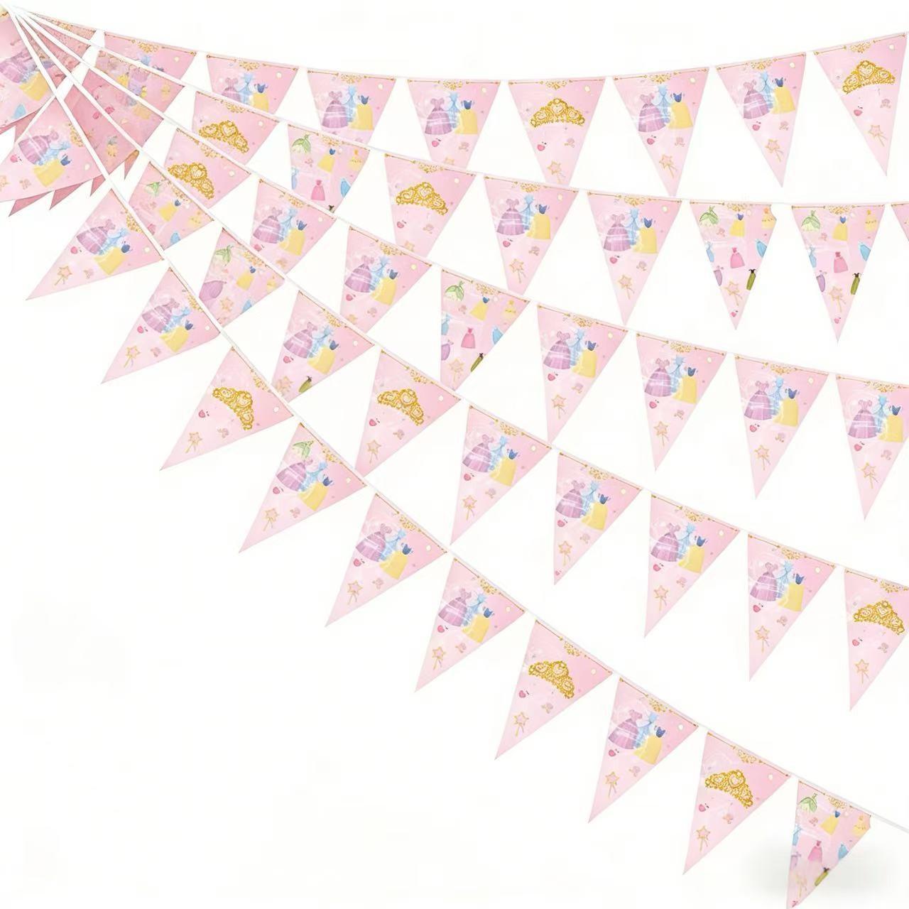 12pcs set of girls' clothing-themed party supplies Happy Birthday banner party decorations, featuring pink triangular flags with crown and dress print design, home wall decoration, wedding anniversary, holiday celebration supplies